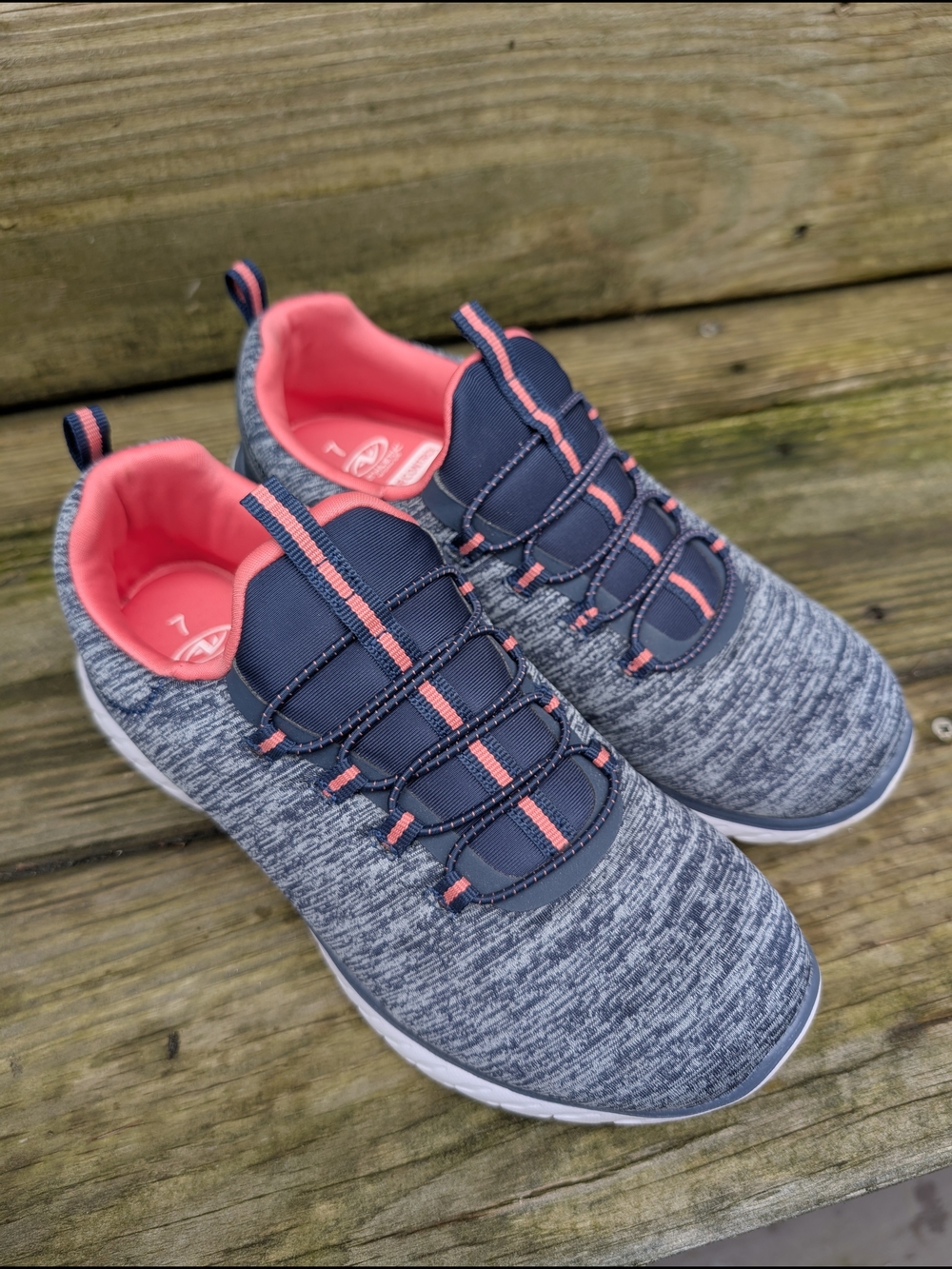 Women's Athletic Works Slip-on Bungee  Grey Sneakers with Pink Accent